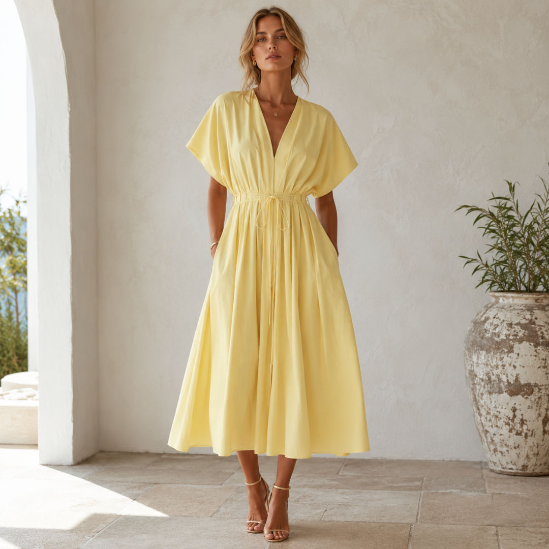 Robe midi jaune col V, cordon noué à la taille et jupe évasée plissée
