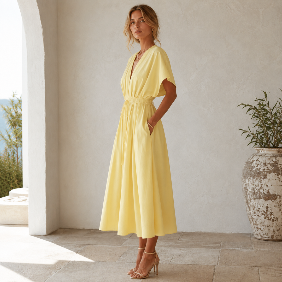Profil de la robe midi jaune, poche latérale et manche courte tombante
