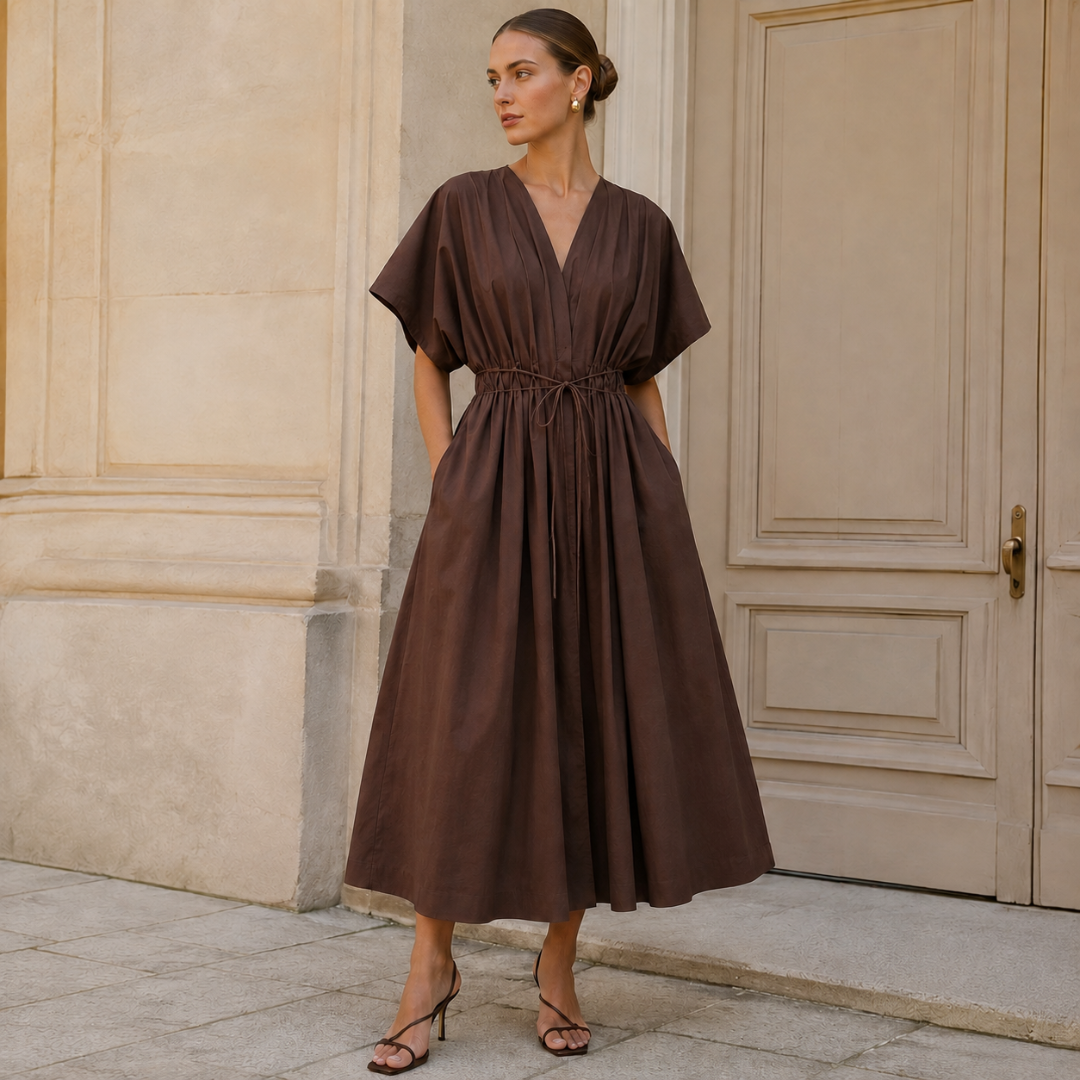 Robe midi marron chocolat, col V croisé, poches latérales et jupe évasée
