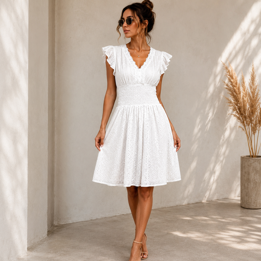 Robe midi blanche à col V et manches volantées portée avec sandales beiges