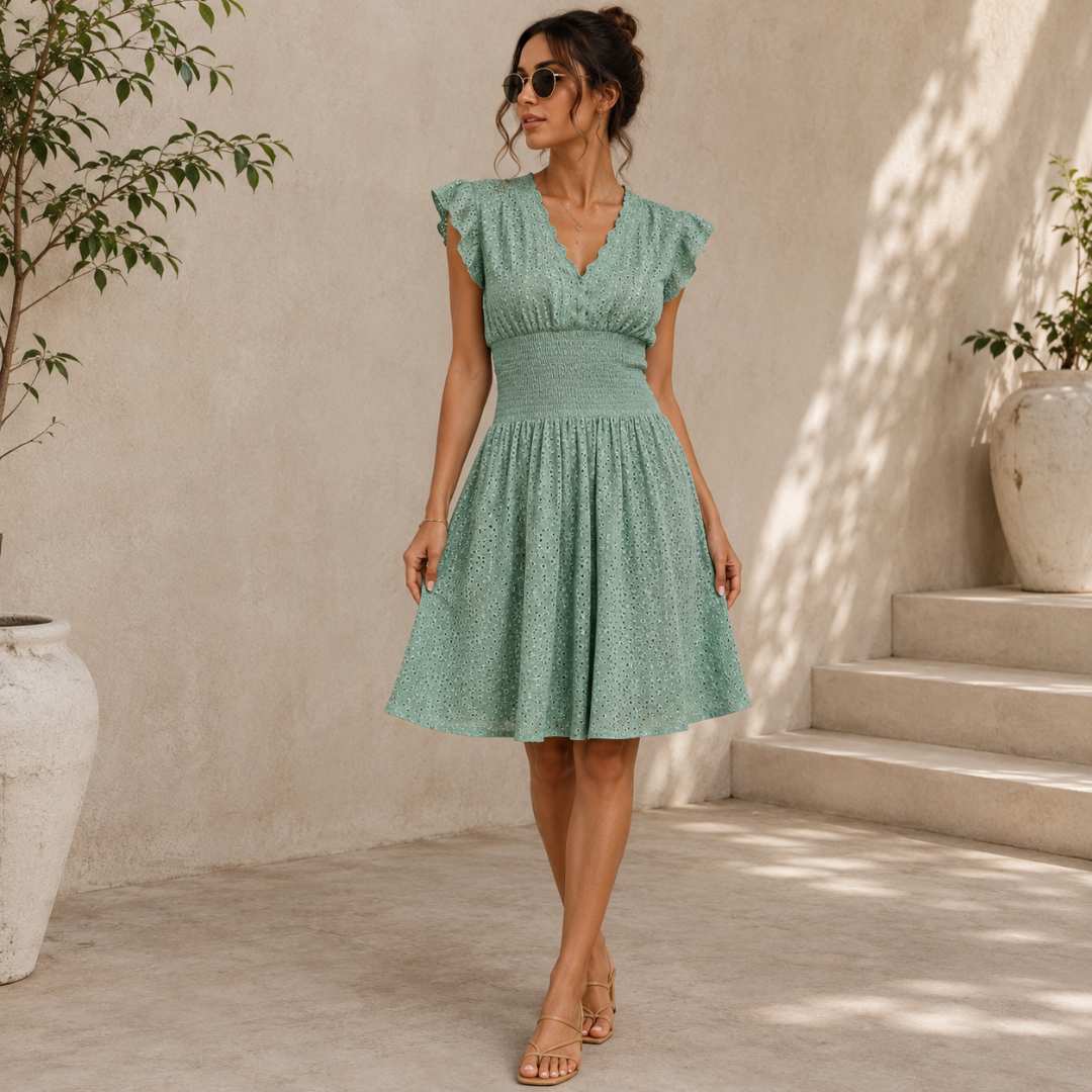 Robe verte ajourée à col V et taille smockée avec sandales plates
