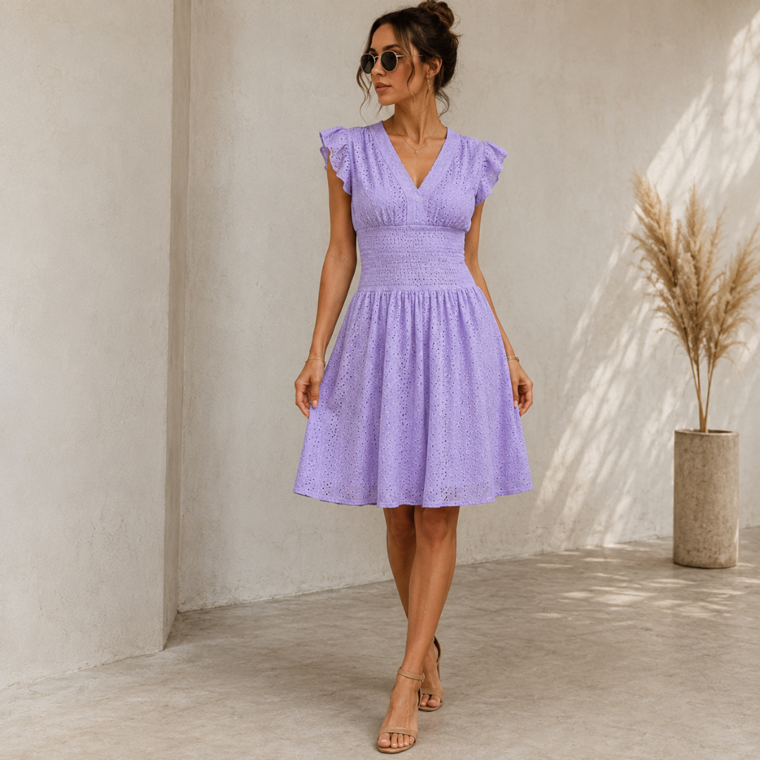 Robe violet clair ajourée à taille smockée et jupe évasée aérienne