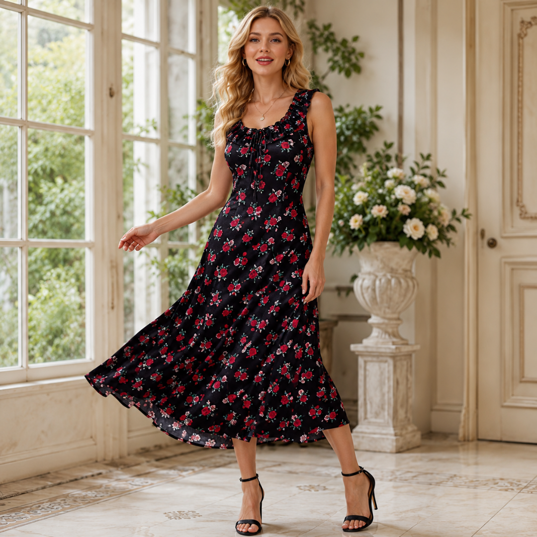 Robe midi fleurie femme en mouvement, jupe fluide et imprimé roses rouges