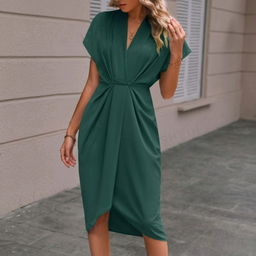 Robe vert foncé manches papillon, vue latérale drapé