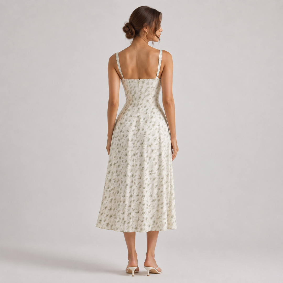 Dos de la robe midi fleurie blanche montrant le bustier ajusté et les bretelles