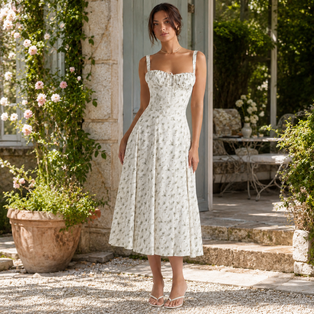 Robe midi blanche à petites fleurs vertes, décolleté cœur froncé noué