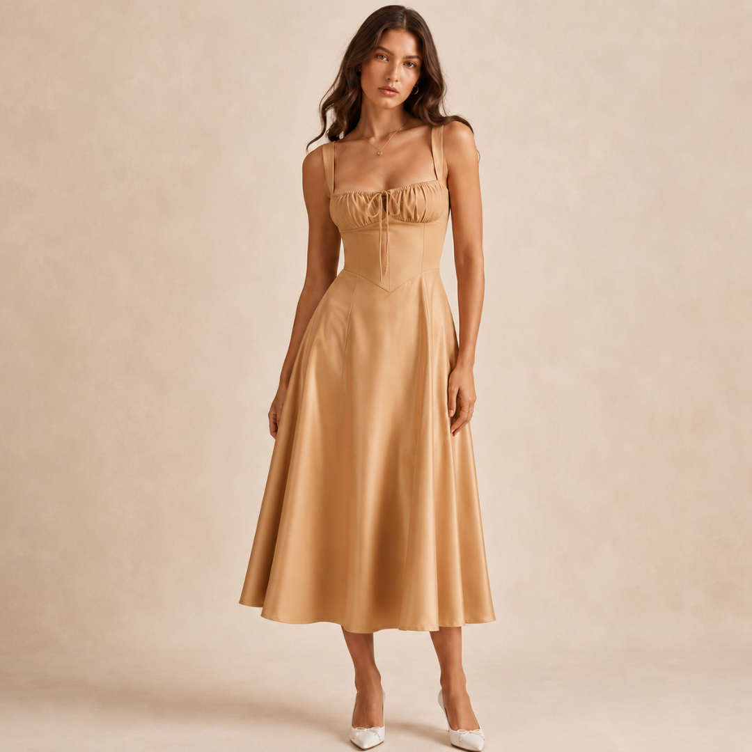 Robe midi caramel brillante à décolleté cœur froncé et taille cintrée
