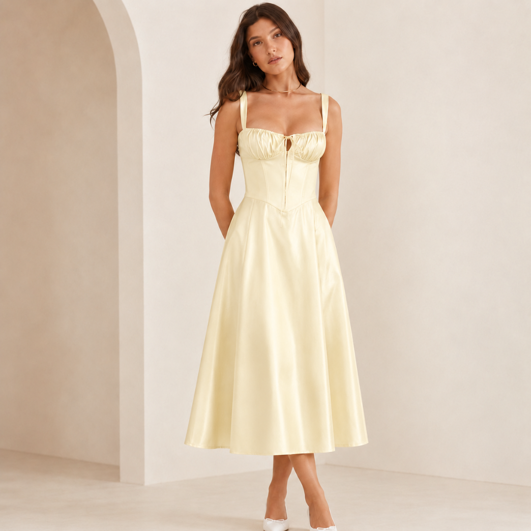 Robe midi jaune pâle à bustier corset et jupe ample lumineuse