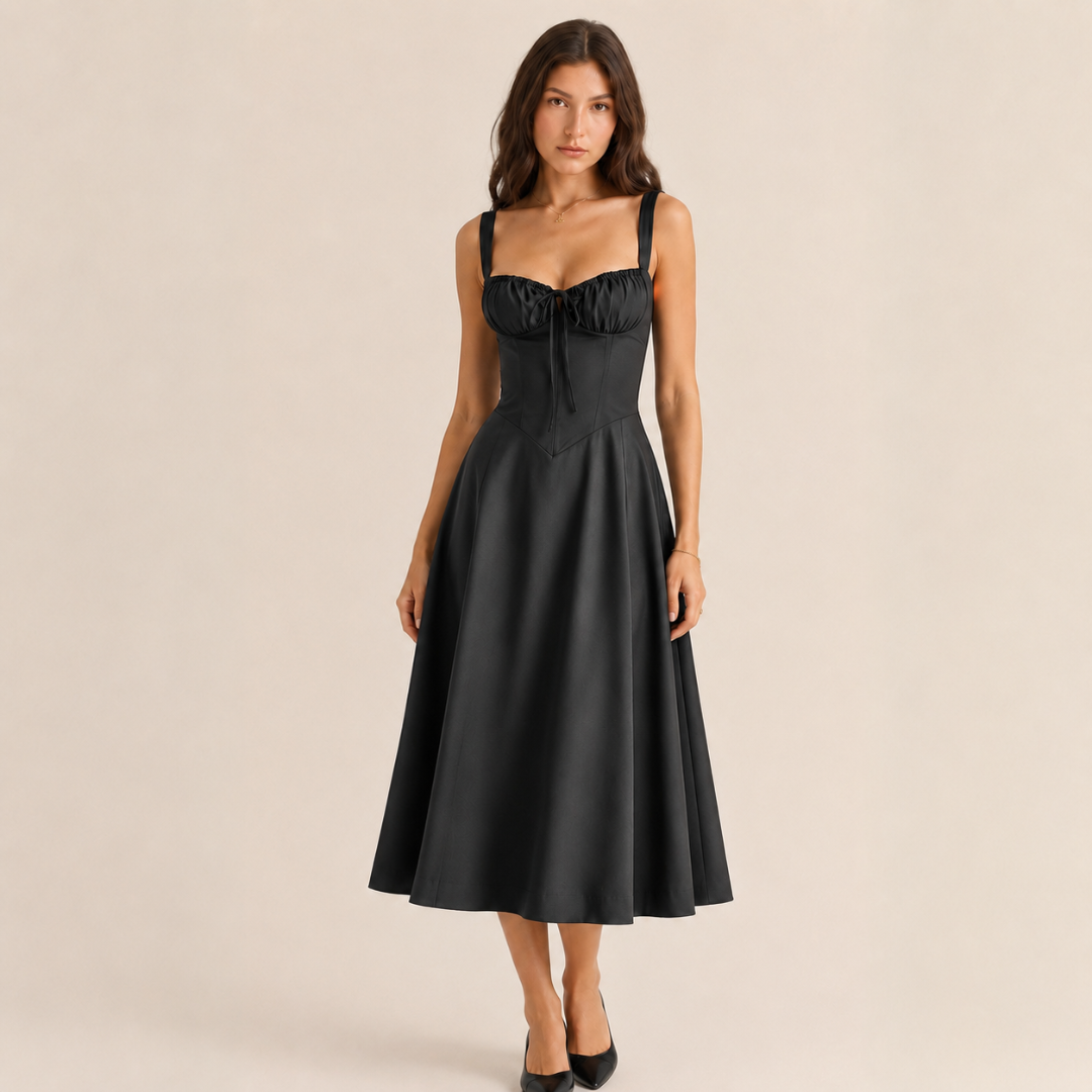 Robe midi noire à bustier corset structuré et jupe évasée élégante