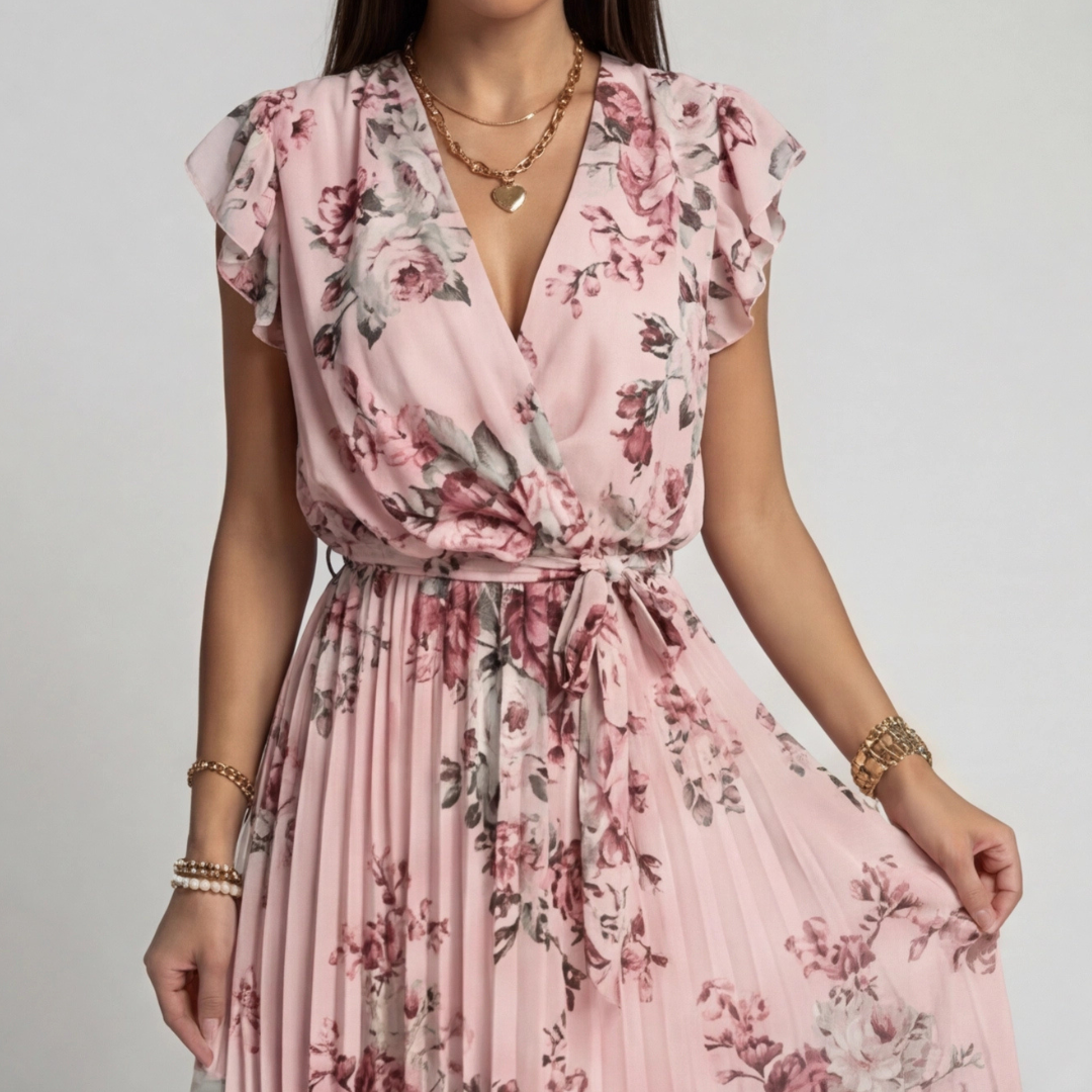 Détail du haut de la robe rose fleurie avec col cache-cœur et manches à volants