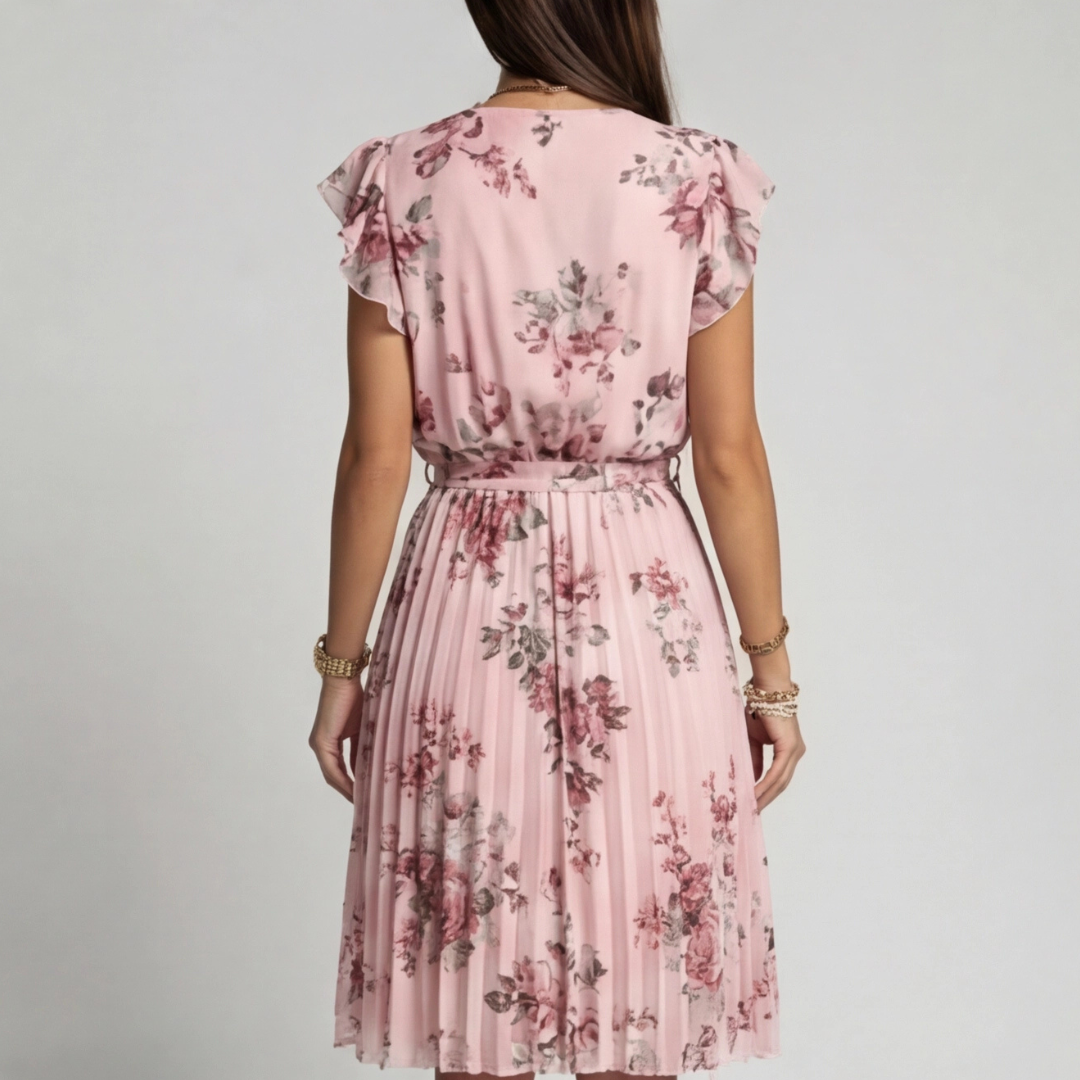 Robe fleurie rose, vue de dos avec taille élastiquée
