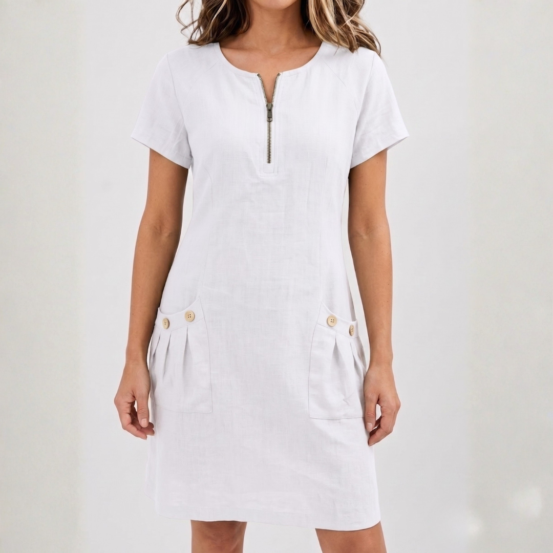 Robe midi femme blanc col V zippé avec poches plaquées et boutons