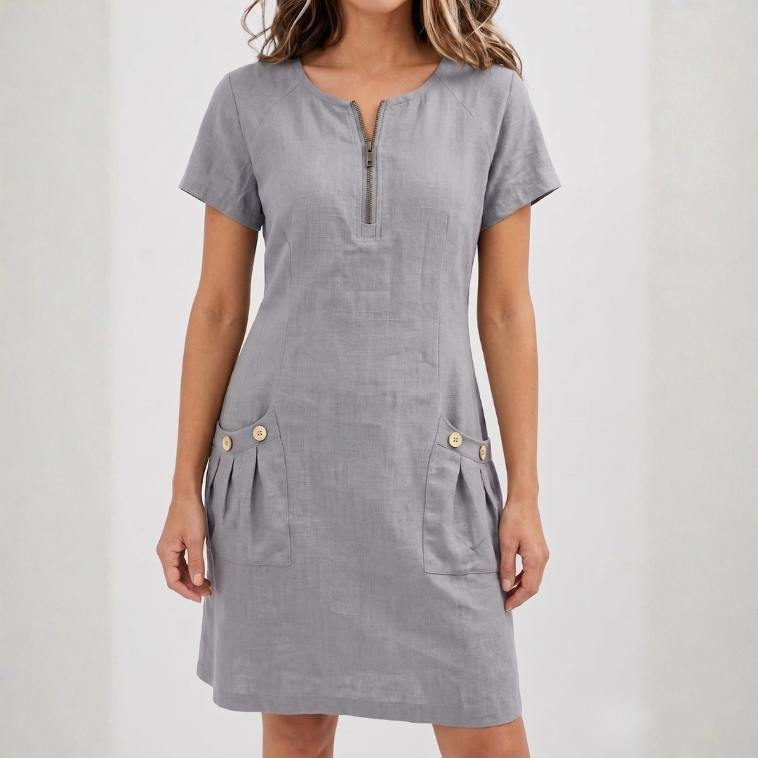 Robe midi femme gris col V zippé avec poches plaquées