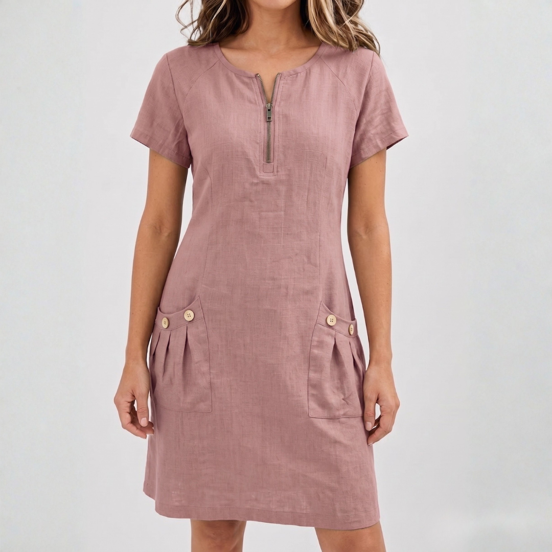 Robe midi femme rose col V zippé, vue de face