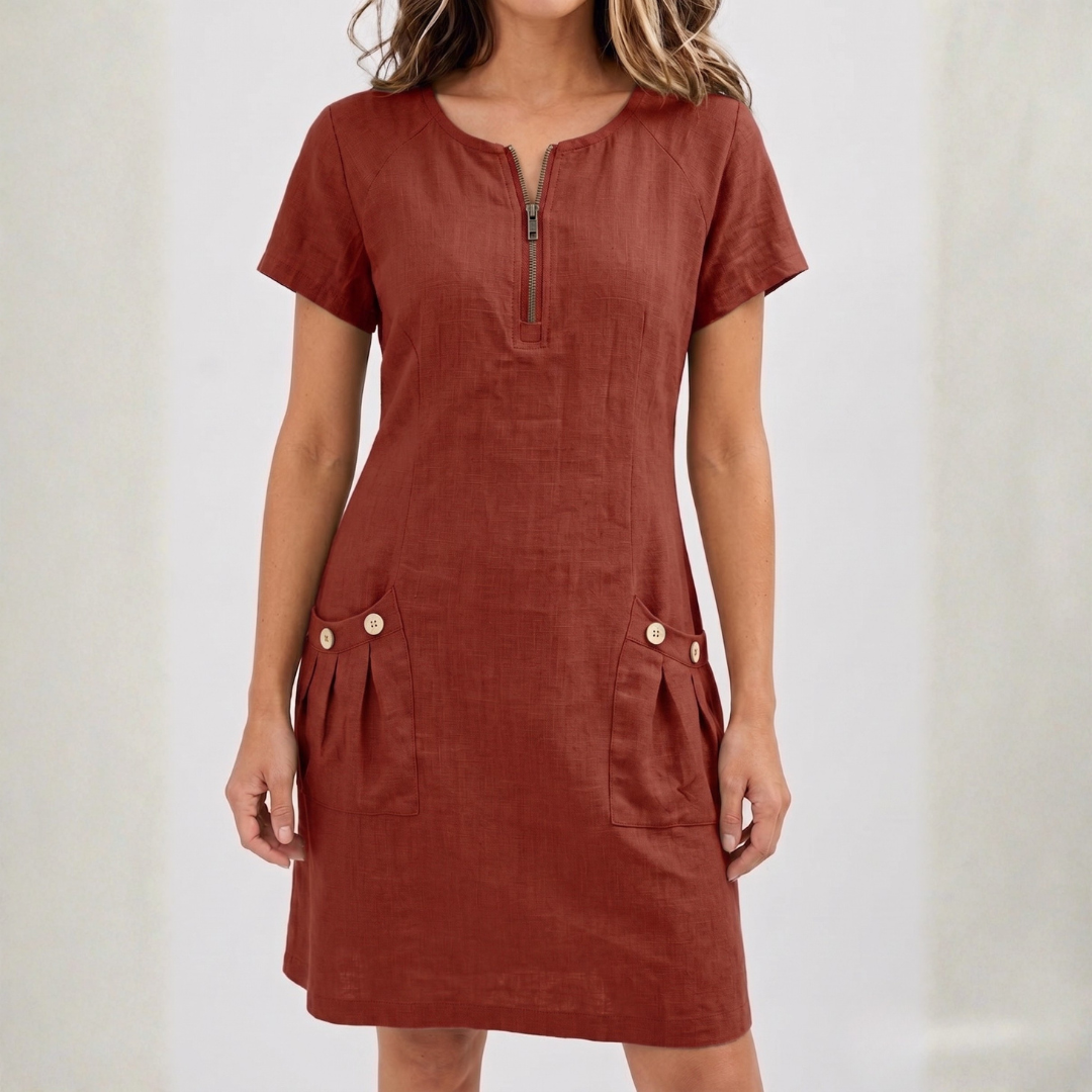 Robe midi femme rouge col V zippé et poches boutons