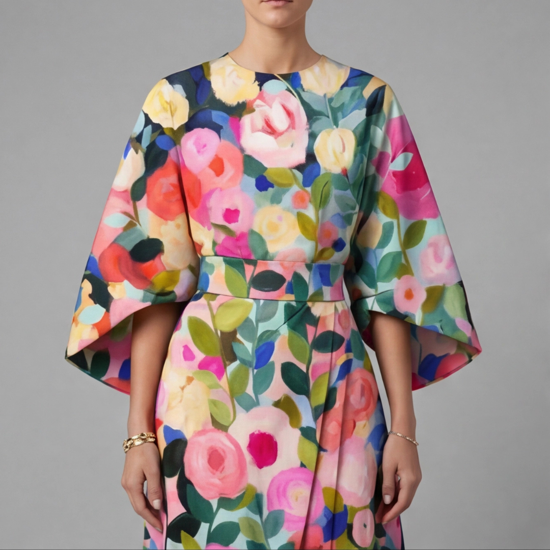 Robe Alina motif fleuri coloré, vue de face rapprochée