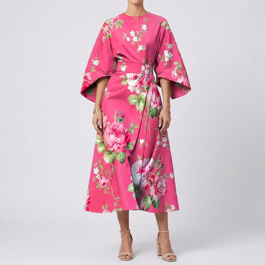 Robe midi kimono coloris rose uni, silhouette de face