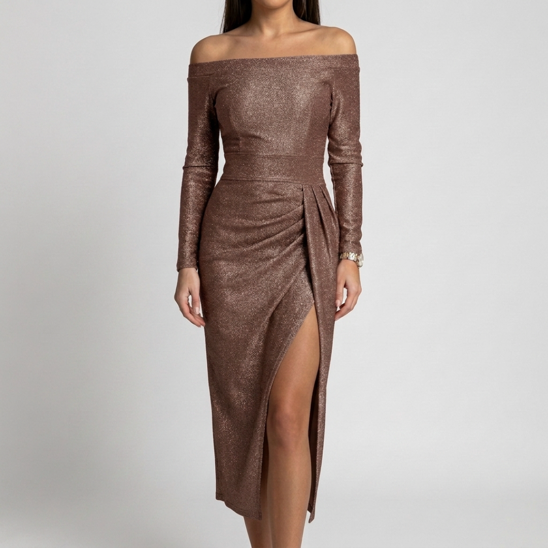 Robe midi brillante café manches longues fente vue de face