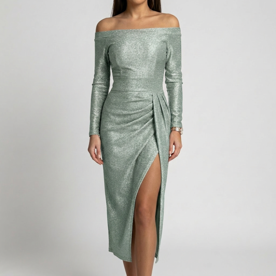 Robe Ariane verte brillante manches longues coupe ajustée