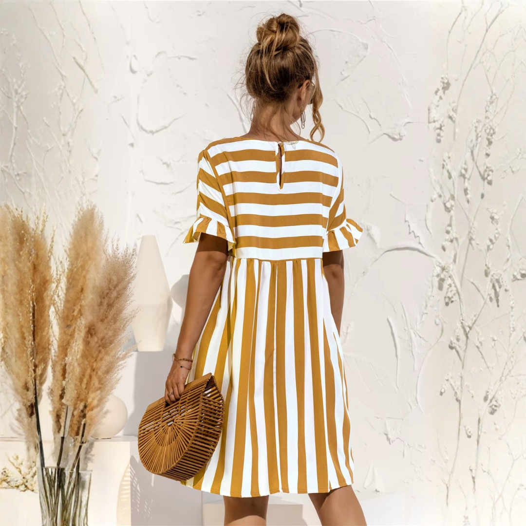 Robe midi rayée jaune et blanc coupe empire vue de côté