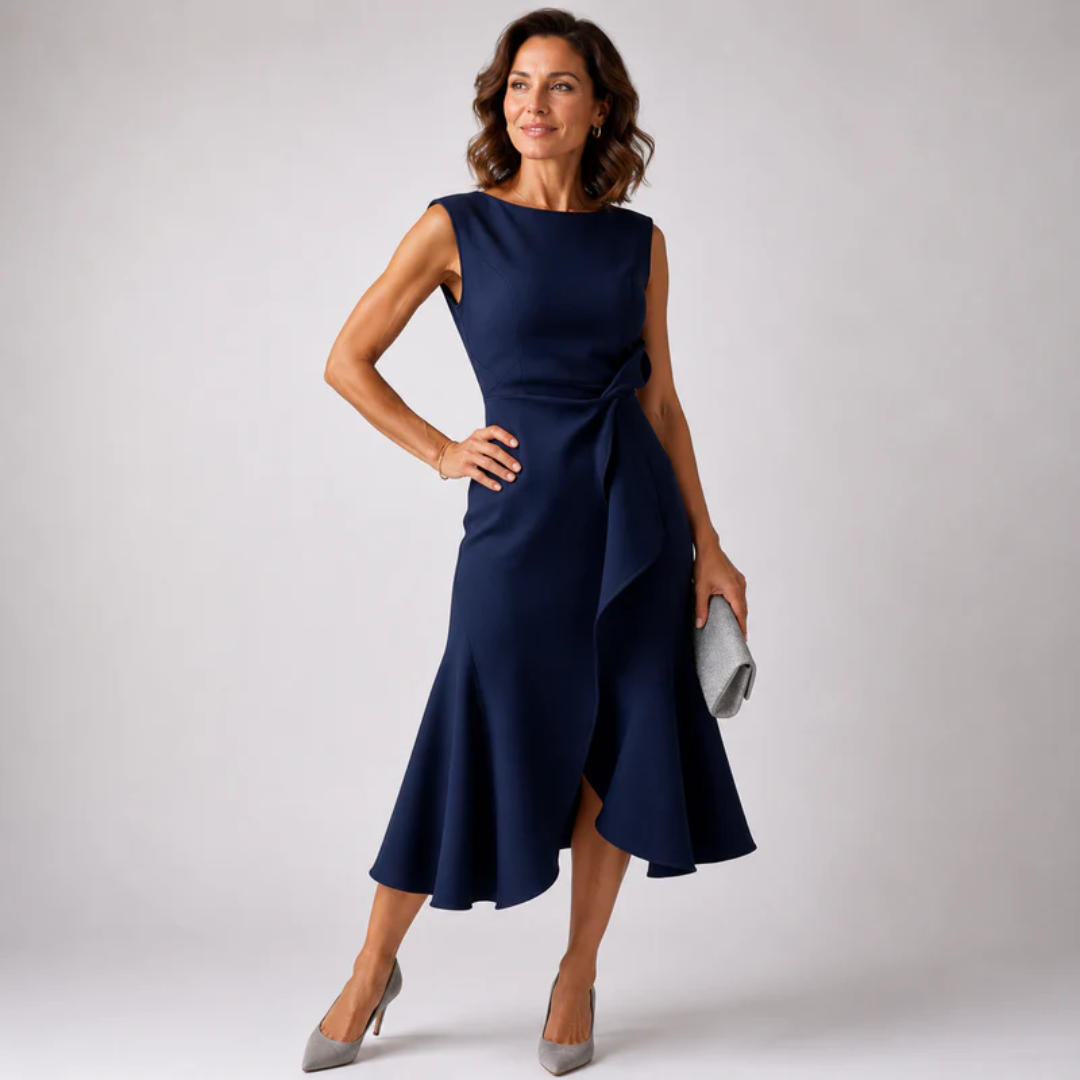 Robe midi bleu marine sans manches avec volant drapé et pochette argentée