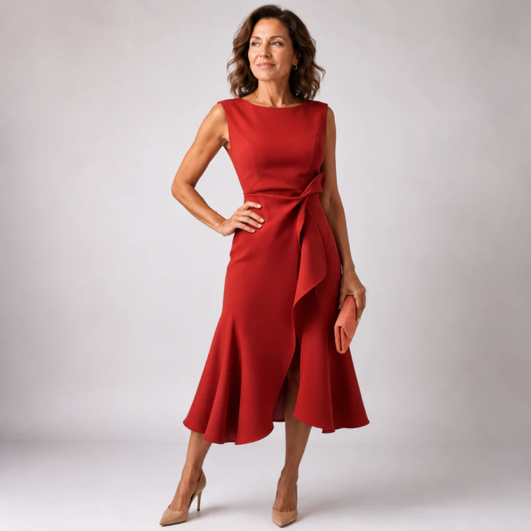 Robe midi rouge sans manches col bateau avec volant asymétrique et pochette
