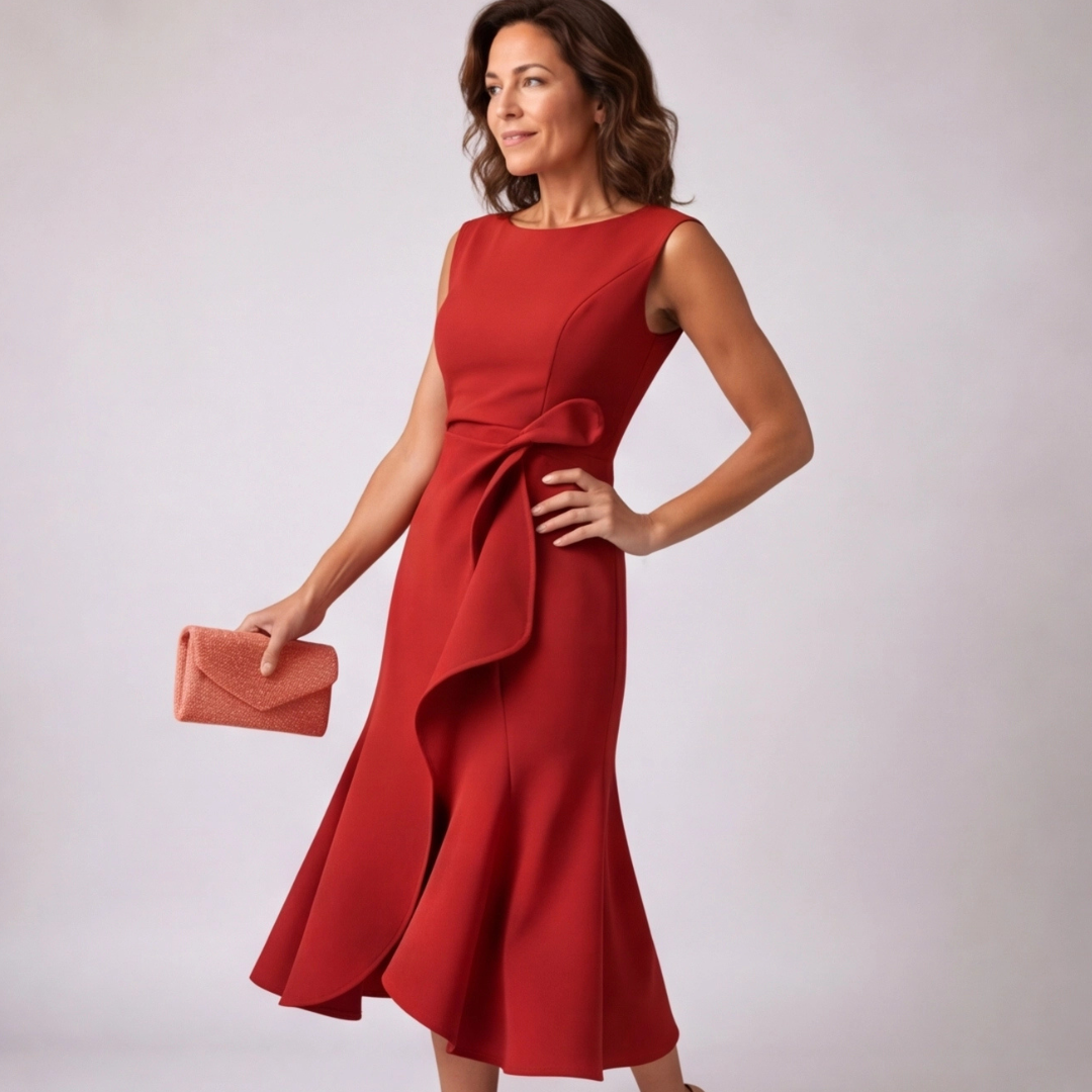 Robe midi rouge élégante avec nœud à la taille et volant fluide
