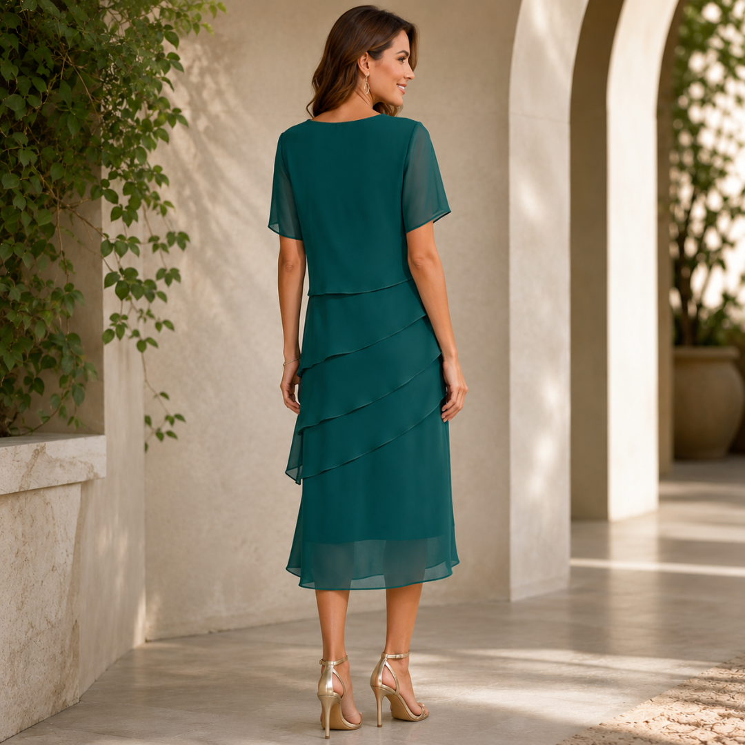Robe femme vert foncé col rond manches courtes voilées, vue de dos