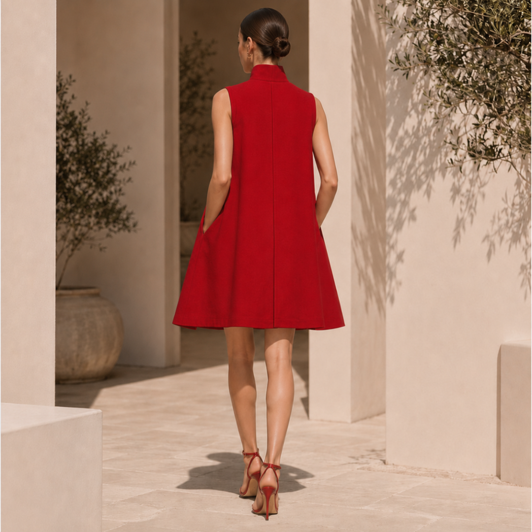 Robe rouge Rosalie portée en mouvement, illustrant la fluidité du tissu