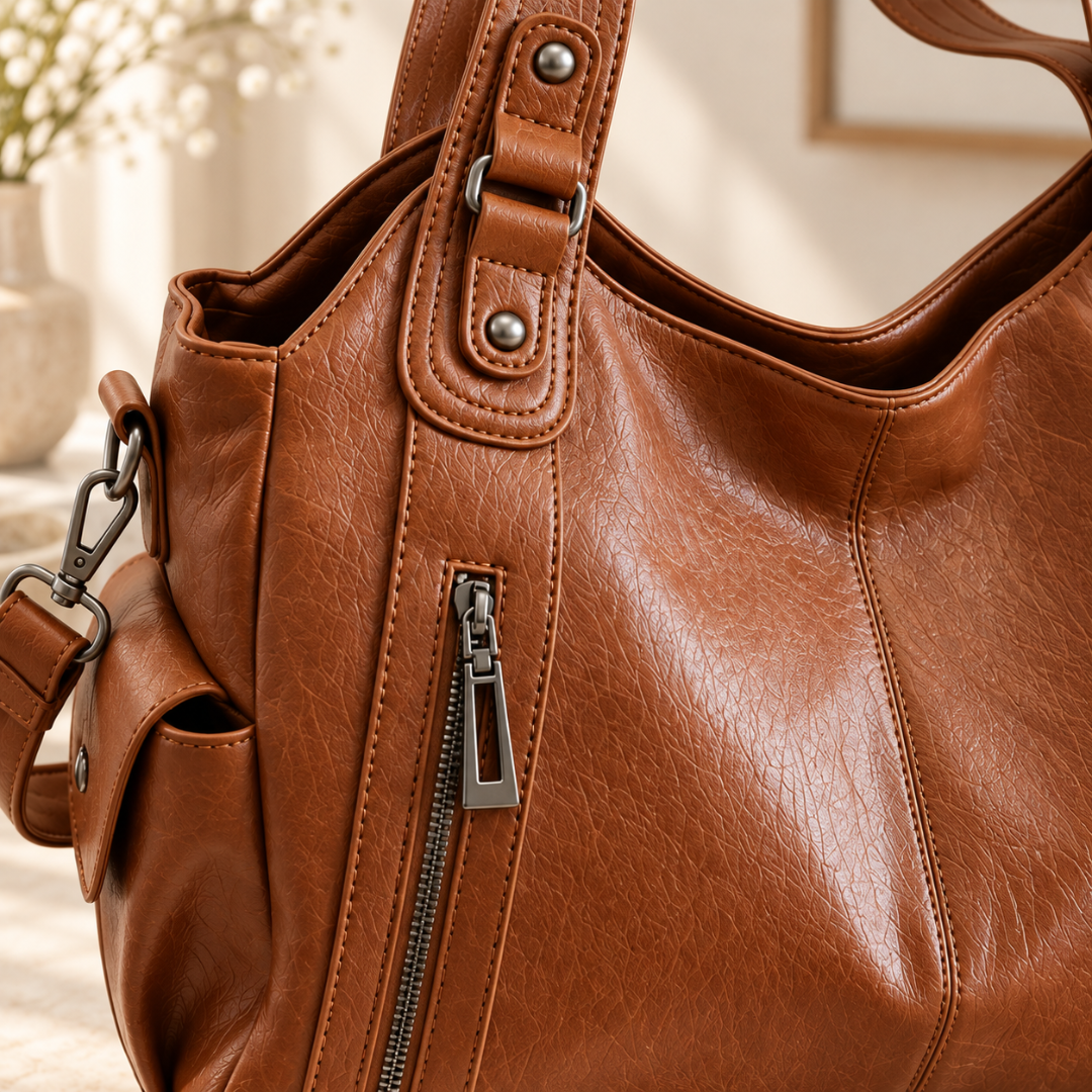 Gros plan sur le zip latéral et les surpiqûres du sac marron effet cuir