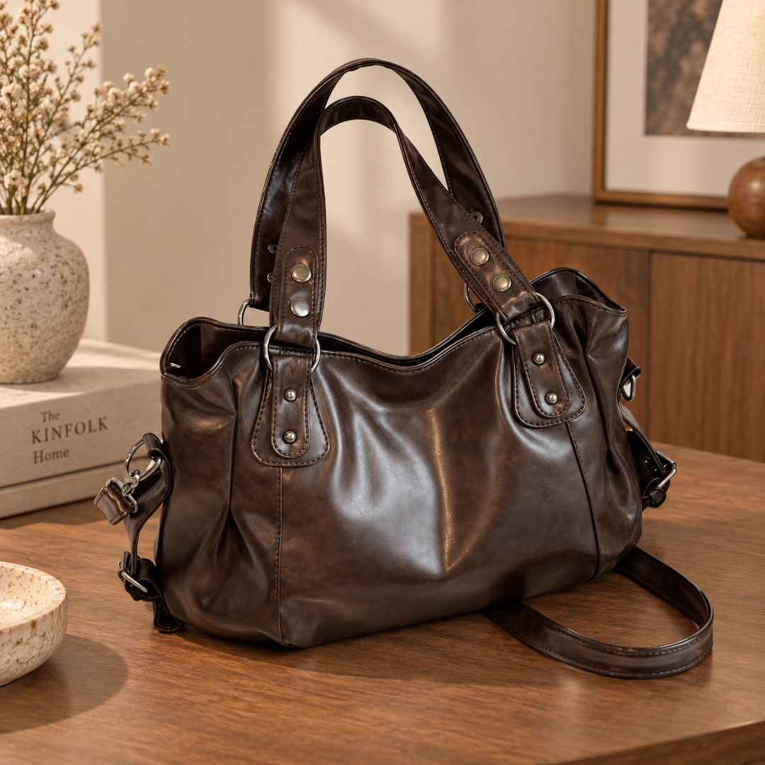Sac femme brun café à double anse, rivets et bandoulière posé sur un buffet en bois