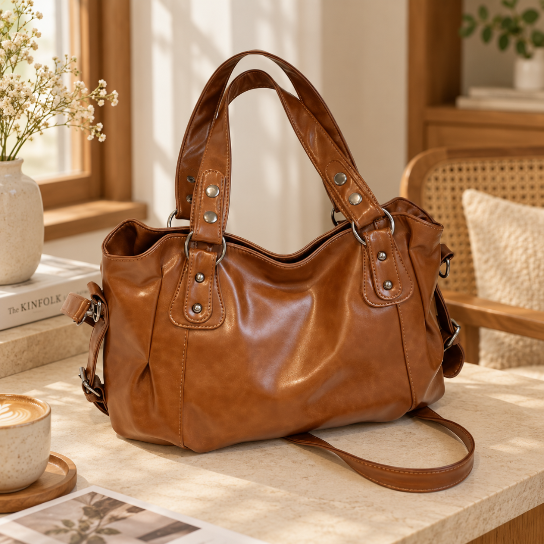 Sac à main femme marron clair à anses cloutées et longue bandoulière sur un plan clair