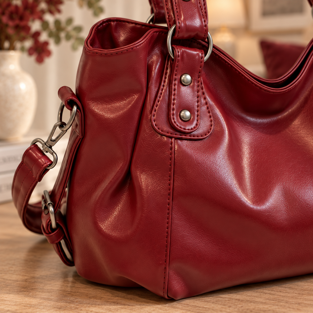Côté du sac à main rouge montrant les fronces et le mousqueton de la bandoulière