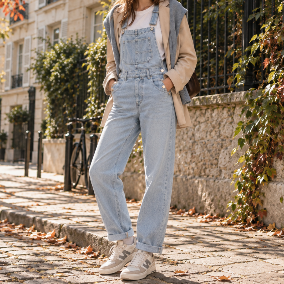 Salopette femme bleu clair effet denim avec poche poitrine et bretelles à boutons