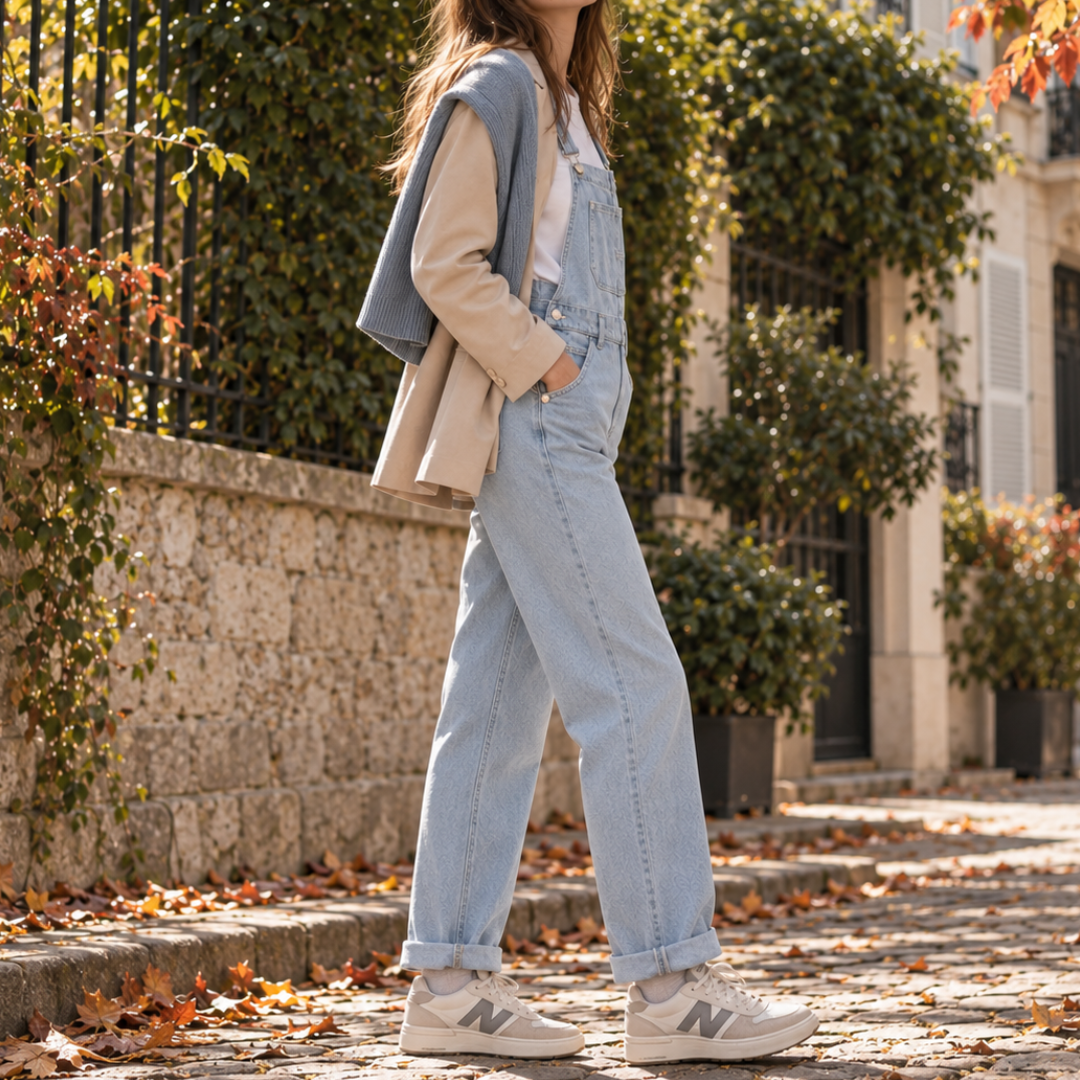 Salopette femme bleu clair vue de profil, poches latérales et bas à revers