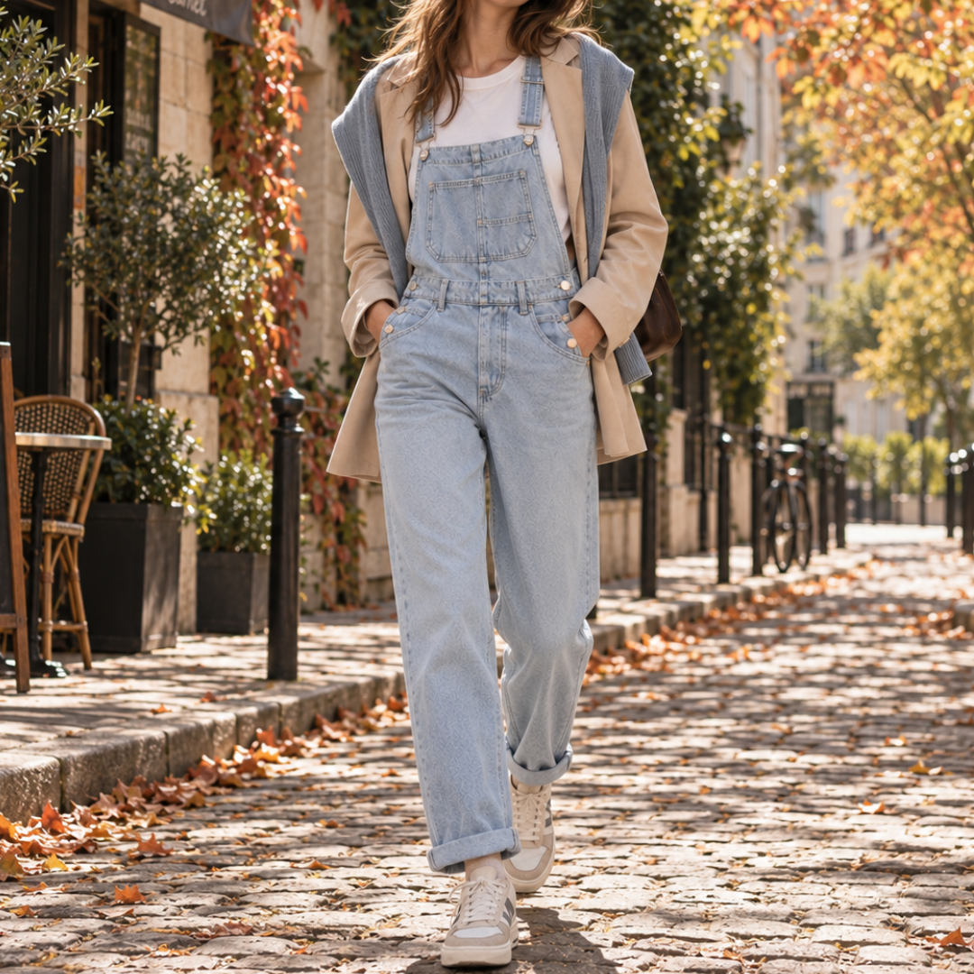Salopette femme bleu clair portée avec t-shirt blanc et baskets en ville