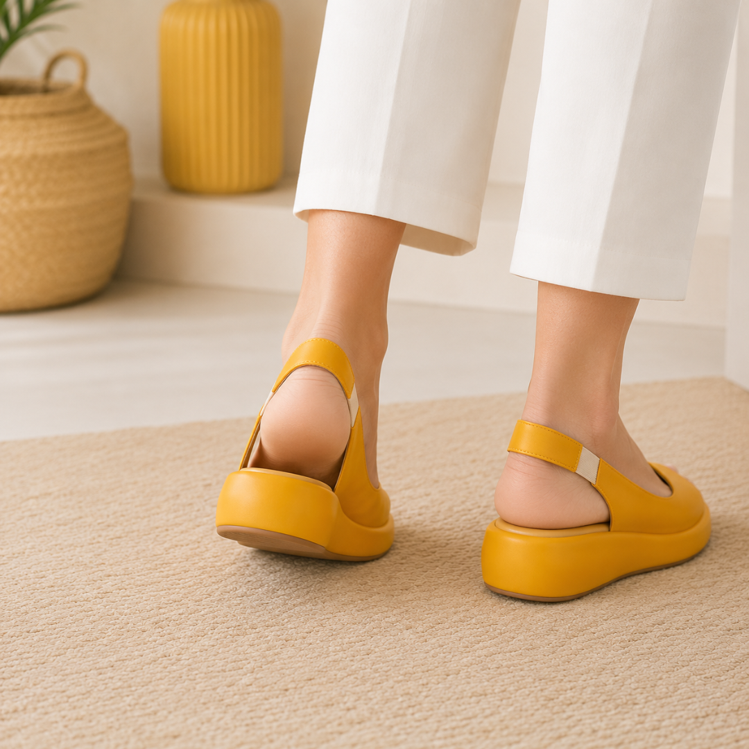 Sandales compensées jaune bout ouvert, vue de côté sur fond neutre