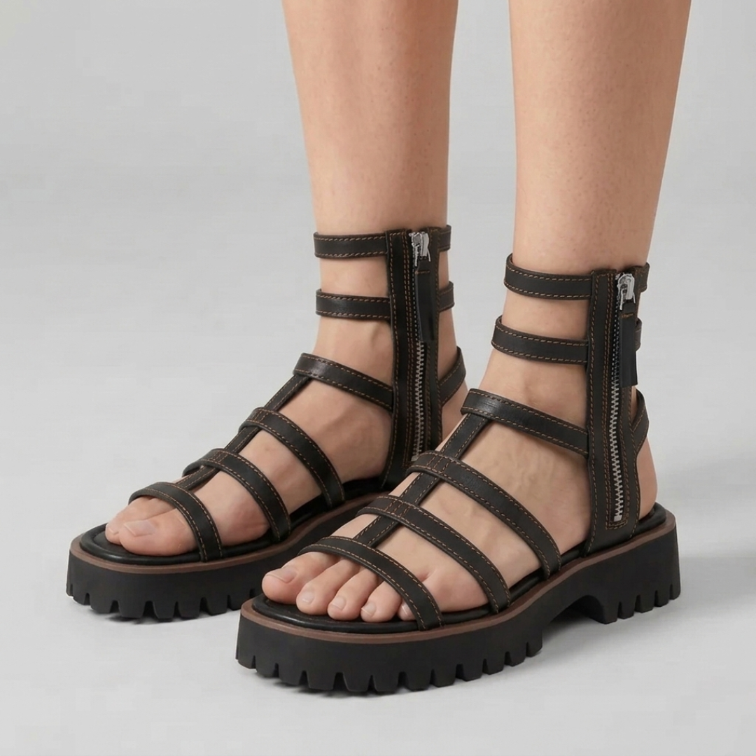 Sandales gladiateur femme noires à lanières multiples et plateforme crantée, vue de face