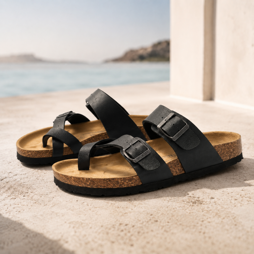 Sandales femme plates noires à deux brides et boucles, semelle effet liège au bord de mer