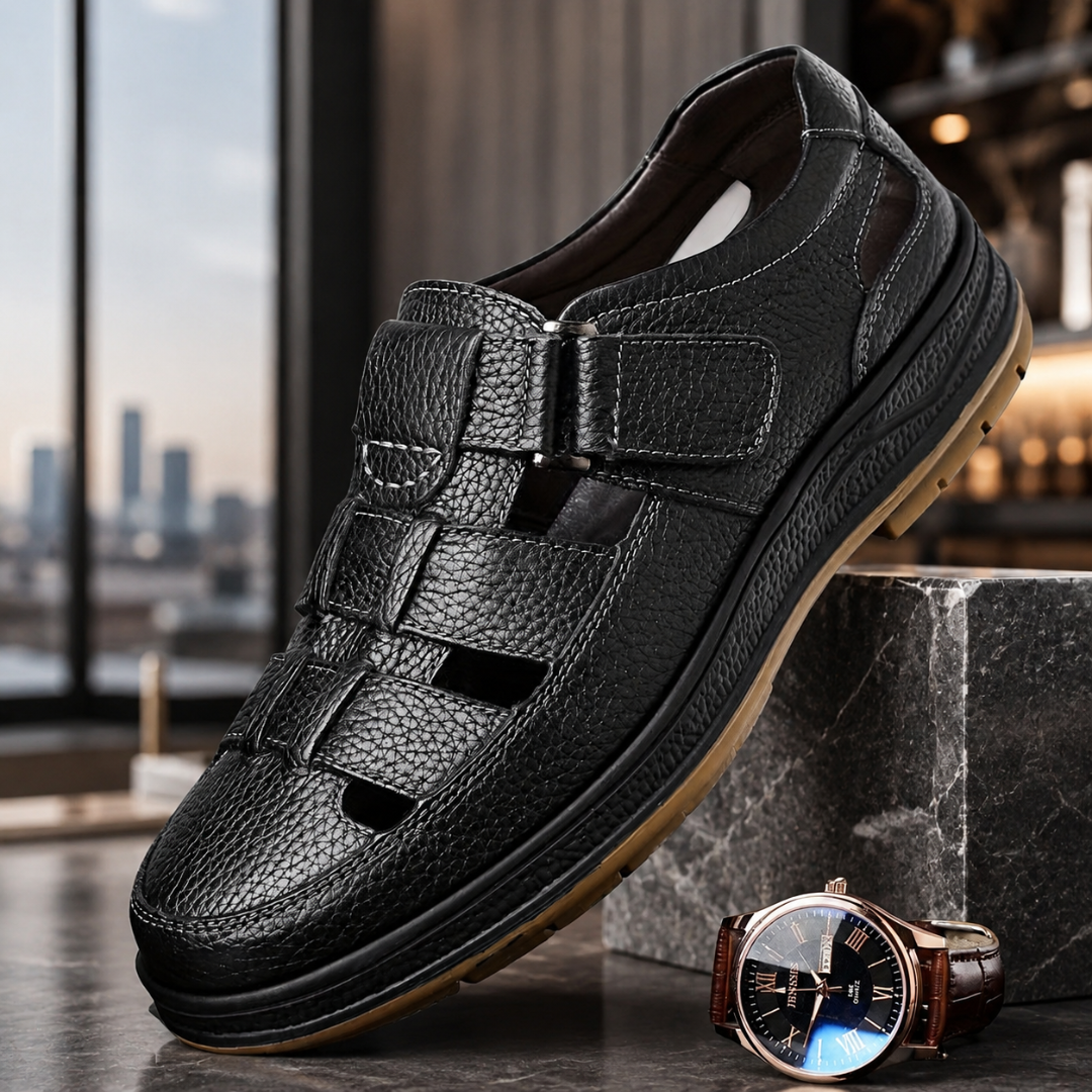 Sandales homme bout fermé noir vue de côté fond urbain