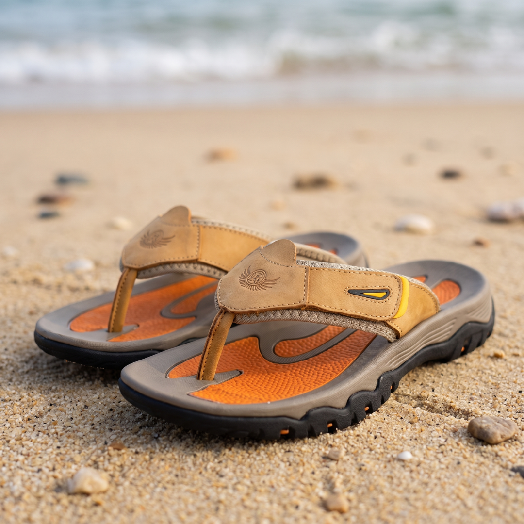 Claquettes homme jaunes portées sur plage, semelle robuste