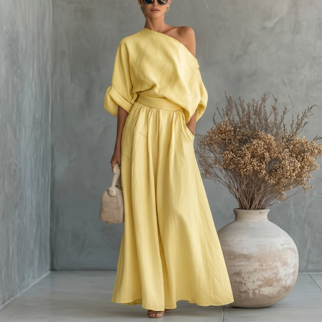 Set deux pièces jaune épaule dénudée et pantalon large fluide