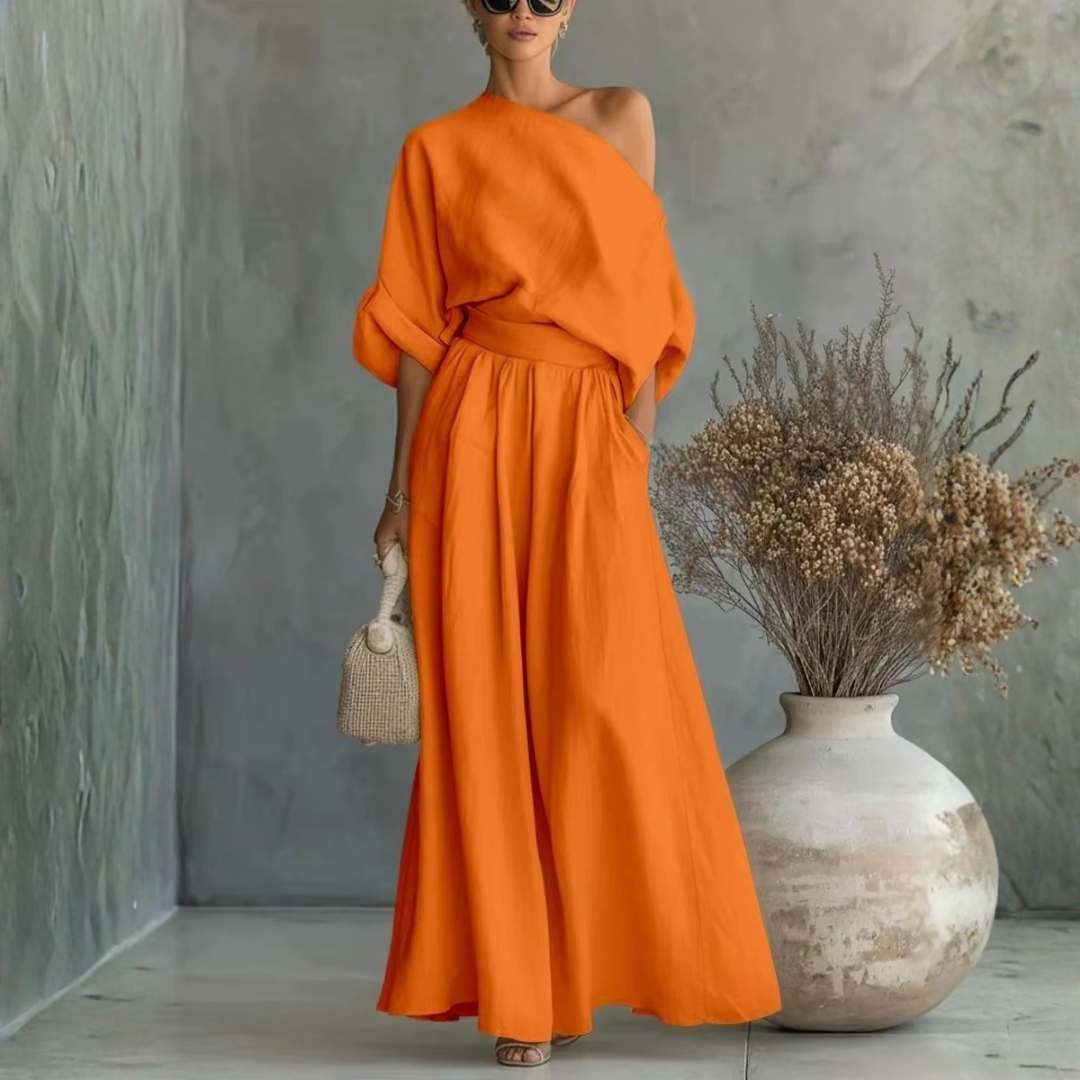 Set deux pièces orange épaule dénudée et pantalon large fluide