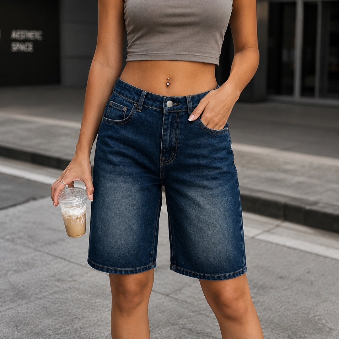 Short femme bermuda bleu foncé avec effet délavé au centre, tenue urbaine