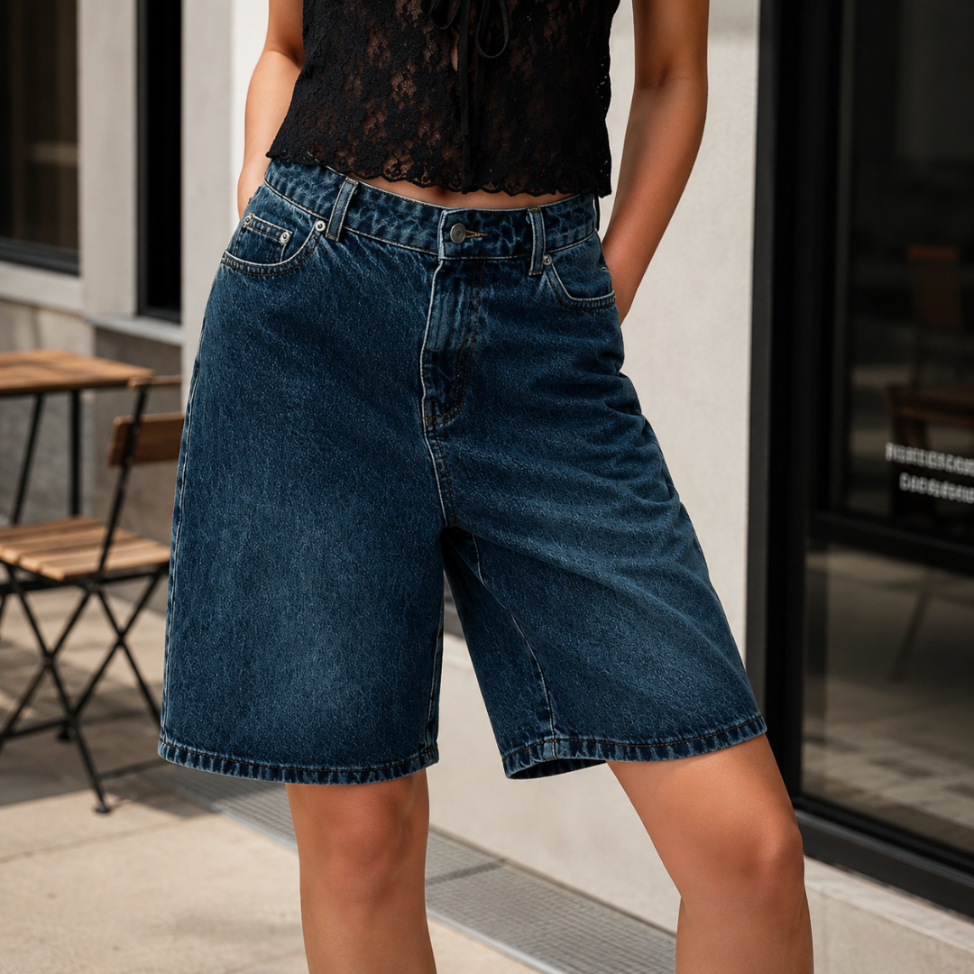 Short femme bermuda bleu roi profond associé à un top noir ajouré