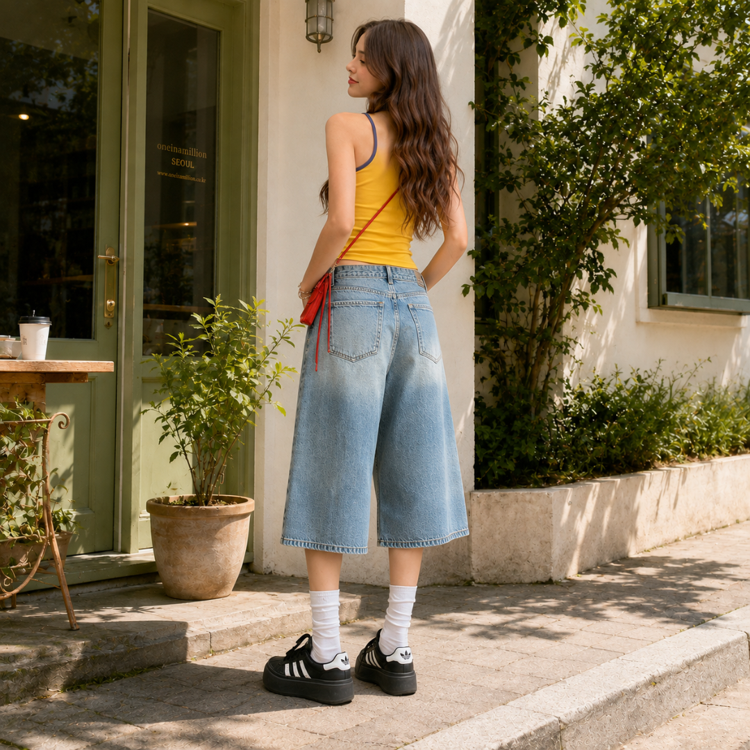 Dos du short femme bleu clair montrant les poches plaquées et la coupe ample