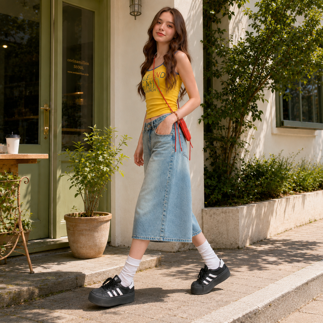 Short large bleu clair en mouvement, jambes évasées et délavé lumineux