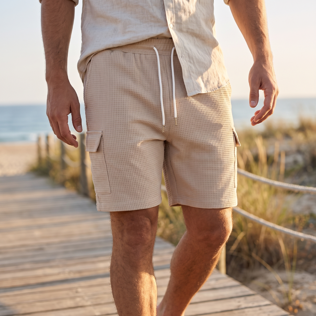 Short homme cargo gaufré coloris beige, coupe décontractée