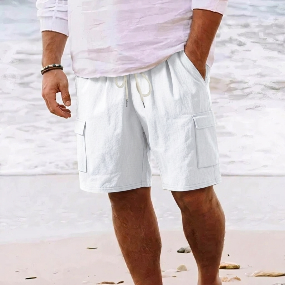 Short cargo homme en lin blanc, ceinture élastique avec cordon blanc