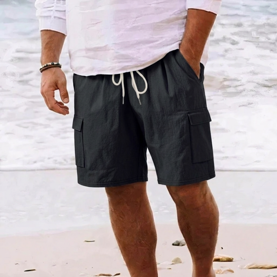 Short cargo homme en lin noir, ceinture élastique avec cordon blanc